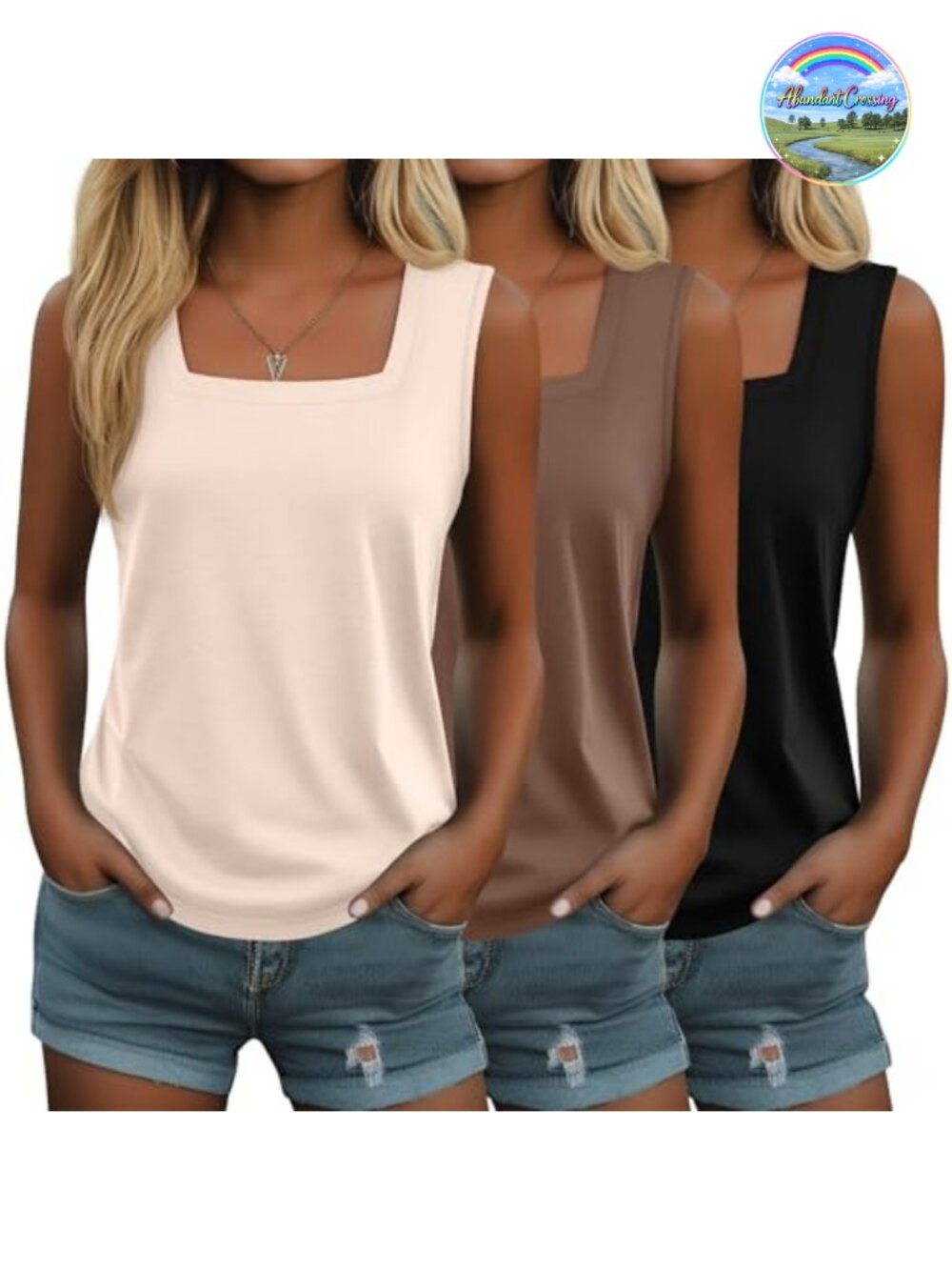 3 Pack Women's Sleeveless Tank Tops Square Neck Cotton Blend